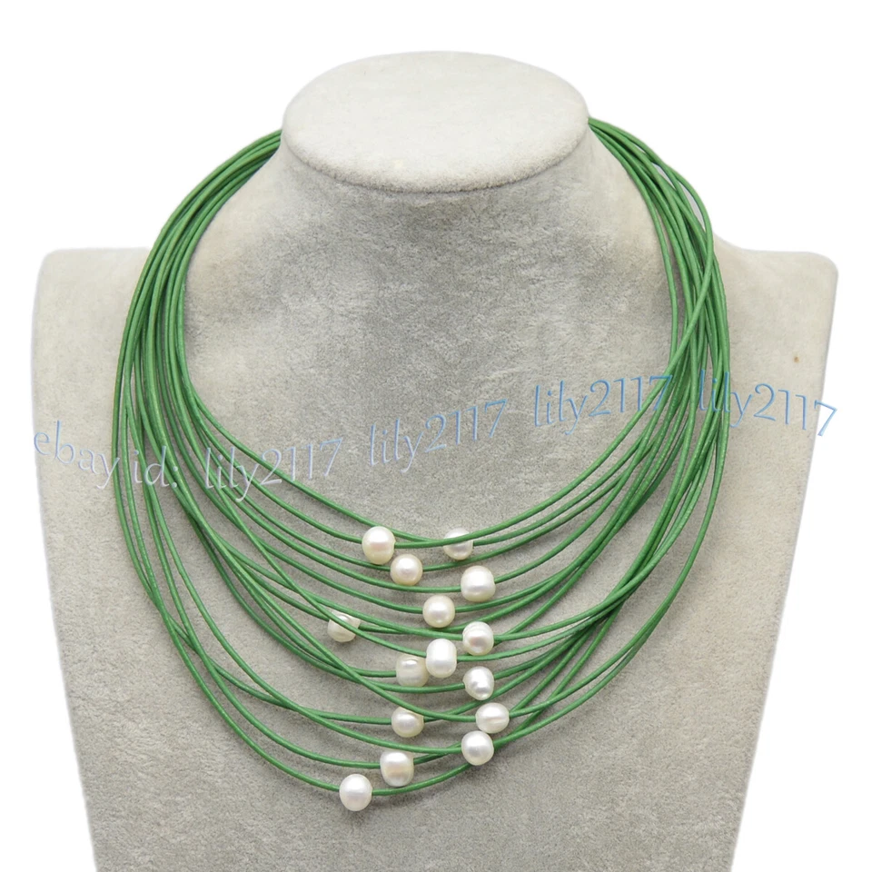 Collar 15 Filas 9-10mm Blanco Plata Negro Perla Cuero Multicolor Cuerda Capas Foto 4 de 4