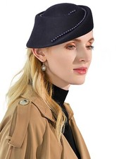 Navy Beaded Fascinator Hat Wool Felt Hats Church Tea Party Dress Cocktail Hats