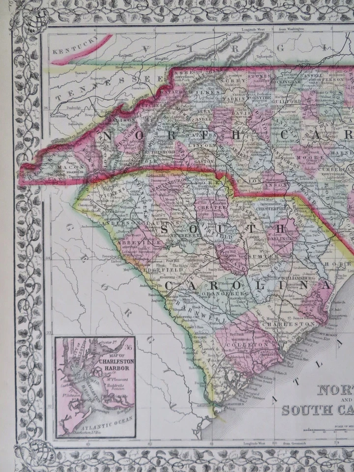 Карты штатов Северная и Южная Каролина план города Чарльстон 1870 карта Митчелла - Изображение 2 из 4