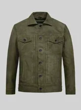 Men's Olive Green Trucker 100% Real Suede Leather Button Coat Denim Style Jacket