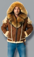 Men's Brown Sheepskin Shearling Leather  jacket Fur Hood Winter Coat  Warm parka