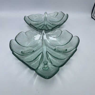 x2 grüne Glas Blattform strukturiert Geschirr Pressglas Schalen Snacks