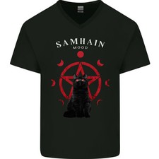 Camiseta de algodón Samhain Moon Satanic Cat Halloween para hombre con cuello en V