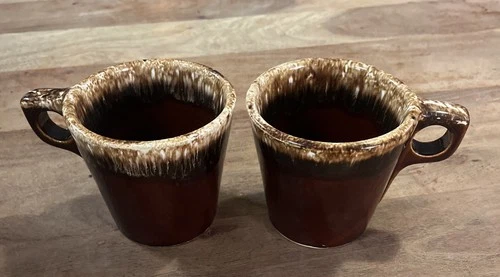 2 Hull Pottery Oven Proof USA Coffee Mug Tea Cups Brown Drip Glaze Vintage