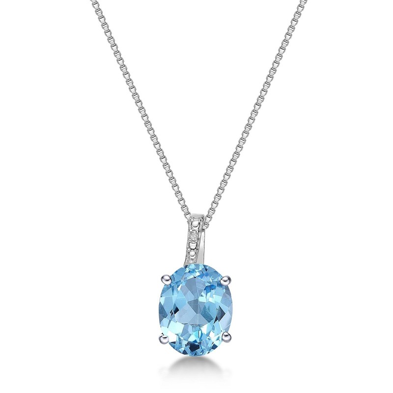 3.50 Ct Oval Blue Topaz and Diamond Sterling Silver Pendant 18" Chain