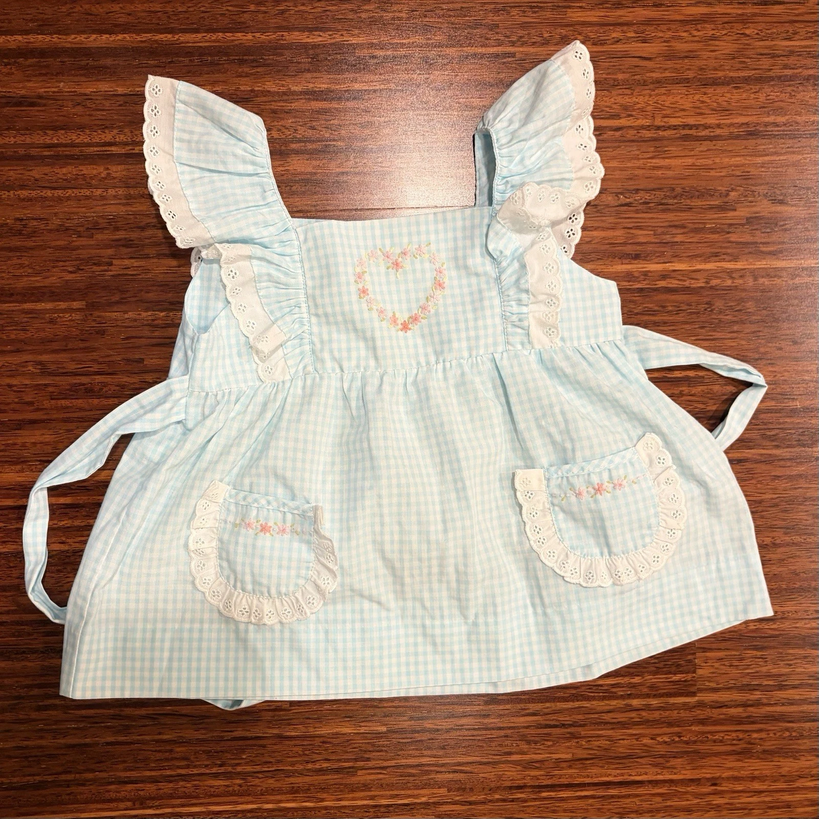 REMEMBER NGUYEN embroidered smocked apron dress top size 3T blue white gingham