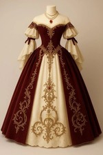 Custom Vintage Victorian Burgundy Ball Gown Embroidered Off Shoulder Long-Sleeve
