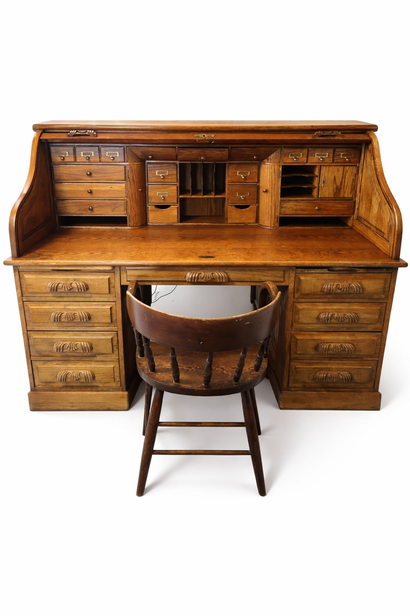 Vintage Oak Roll Top Desk with Chair, Tambour Top, Pedestal