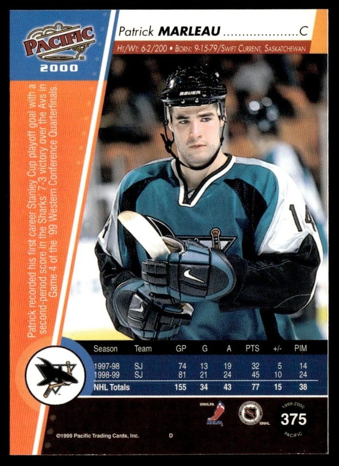 1999-00 Pacific Patrick Marleau San Jose Sharks #375 - Image 2 of 2