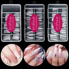 krofaue 3 Styles False Nail Tips Kit,340PCS Clear Coffin French Stiletto Nail Ti