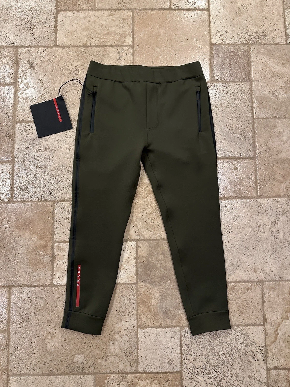 Pantaloni da jogging Prada Neoprene Linea Rossa Logo Tech Olive Track