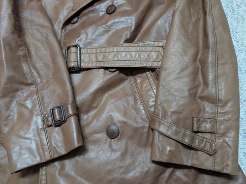 vintage USA made TRENCH COAT leather 42 sherlock BELTED double breasted M brown image 9