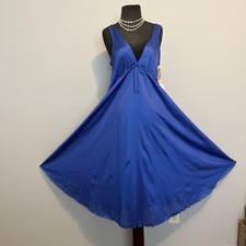 VTG MAXI Nightgown Long Plunge Satin Sweep Blue L Athena 36 Flutter NWT