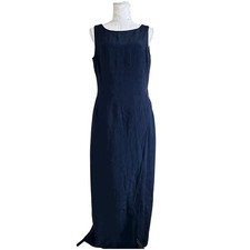 Vintage Navy Blue 100% Silk Sheath Maxi Dress Womens Sz 8 Sleeveless Side Slit