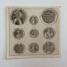 Antique Engraving of Tudor Medallions  Henry VIII of England & Royal Iconography