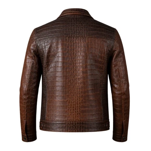 Mens Croc Print Real Brown Leather Biker Jacket Embossed Alligator Vintage image 3