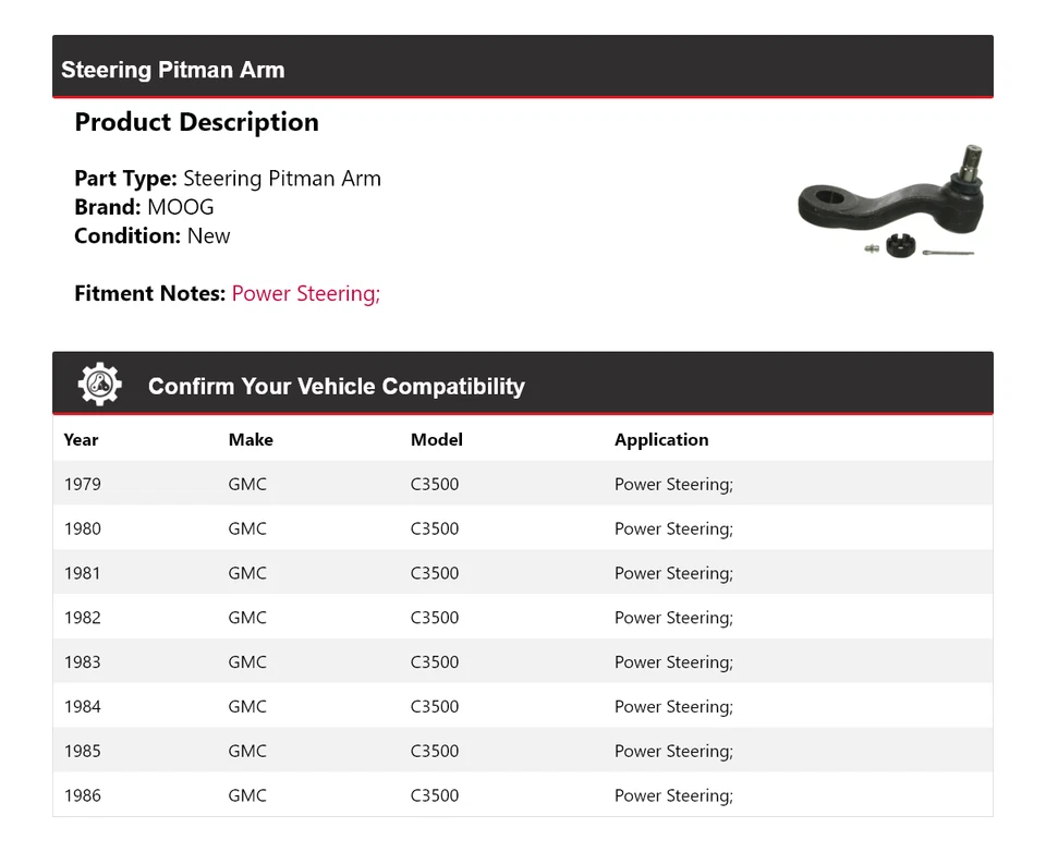 For 1979-1986 GMC C3500 Steering Pitman Arm MOOG 1979 1980 1981 1982 1983 1984 - Image 2 of 4
