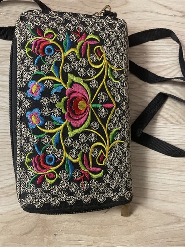 Damen Geldbörse Canvas Retro bestickt Schultertasche Handybörse Schmetterling - Bild 9 von 9