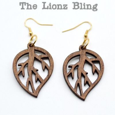 Bohemian style Carved Leaf Dangle Earrings - Carved Cafe Brown Wood 2 5/8'' Drop
