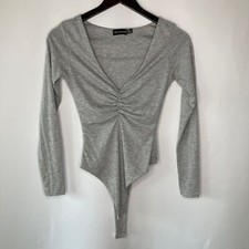 PrettyLittleThing Shape Grey Jersey Ruched Long Sleeve Bodysuite Size 6