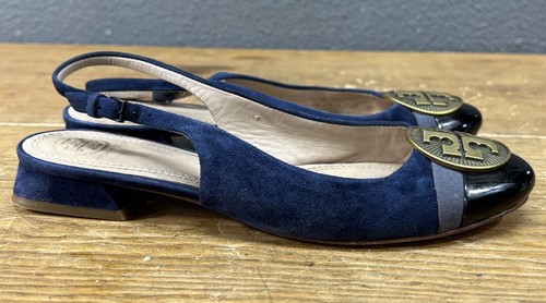 Tory Burch Navy Size 6.5 Slingback Suede Patent Leather Sandal Medalion - Picture 4 of 15