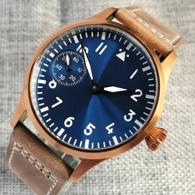 Bronzed PVD Mechanical Hand WInding Men Watch Sunburst Blue Green Dial Luminous