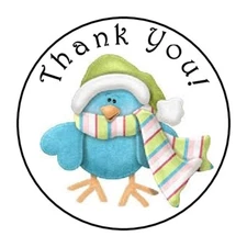 THANK YOU WINTER BIRD FAVOR LABELS ROUND STICKERS 2 SIZES AVAILABLE 1.2" & 1.5"