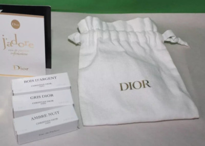 Dior 4 Piece Sample Perfume Set Bois D'Argent, Gris Dior, Ambre Nuit, J'Adore