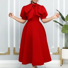 Women's Tie Neck Button Front Frill Neck Puff Sleeve Ruffle Hem Flowy Maxi Dress