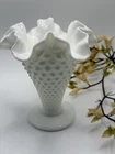 Vintage Fenton Glass Vase White Milk Glass Hobnail Trumpet Cone Shape 5 3/4" T