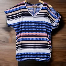ANTHROPOLOGIE NAIF Top Womens Medium Cold Shoulder Colorful Striped Elastic Side