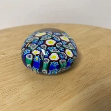 Vintage MURANO Italian Glass Blue Tones 2" Millefiori Paperweight With Label Tag