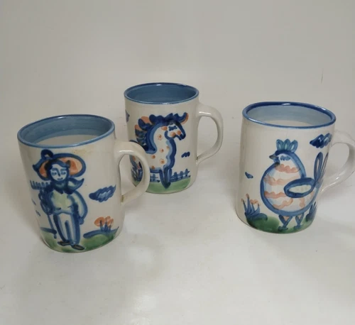 Set of 3 M A Hadley Pottery Mugs Handpainted Signed The End Farmer Horse Chicken