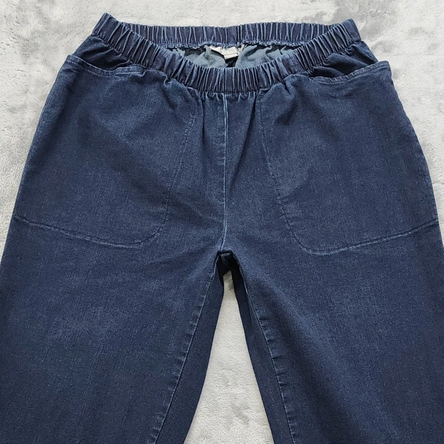 Woman Within Jeans 14W Blue Dark Wash Pull On Crop Capri Side Slit Hem Stretch - Image 2 of 4