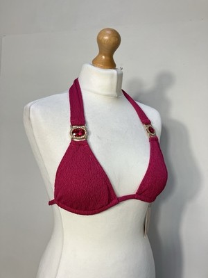 Moda Minx rosa Triangel Bikini Oberteil Gr. XS Crinkle rot Schmuckstein zum Binden Neckholder Sommer
