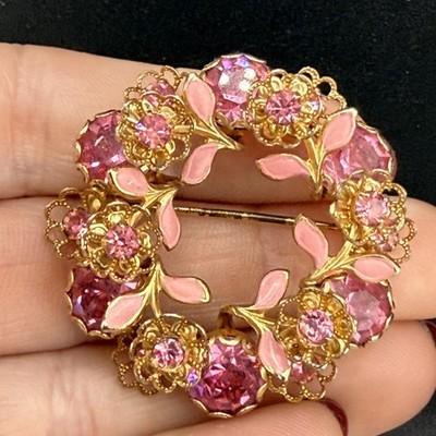 Vintage Rhinestone Broch Gold Gold Pink Enamel Flower