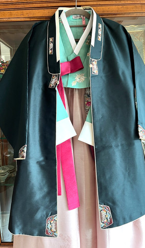 S-M Traditional Korean Hanbok Dress Silk Durumagi Coat-Midnight Navy/ Ivory Trim