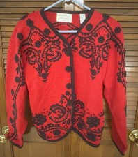 Vintage Lisa Nichols Red Black Embellished Knit Cardigan Sweater M Beaded Floral