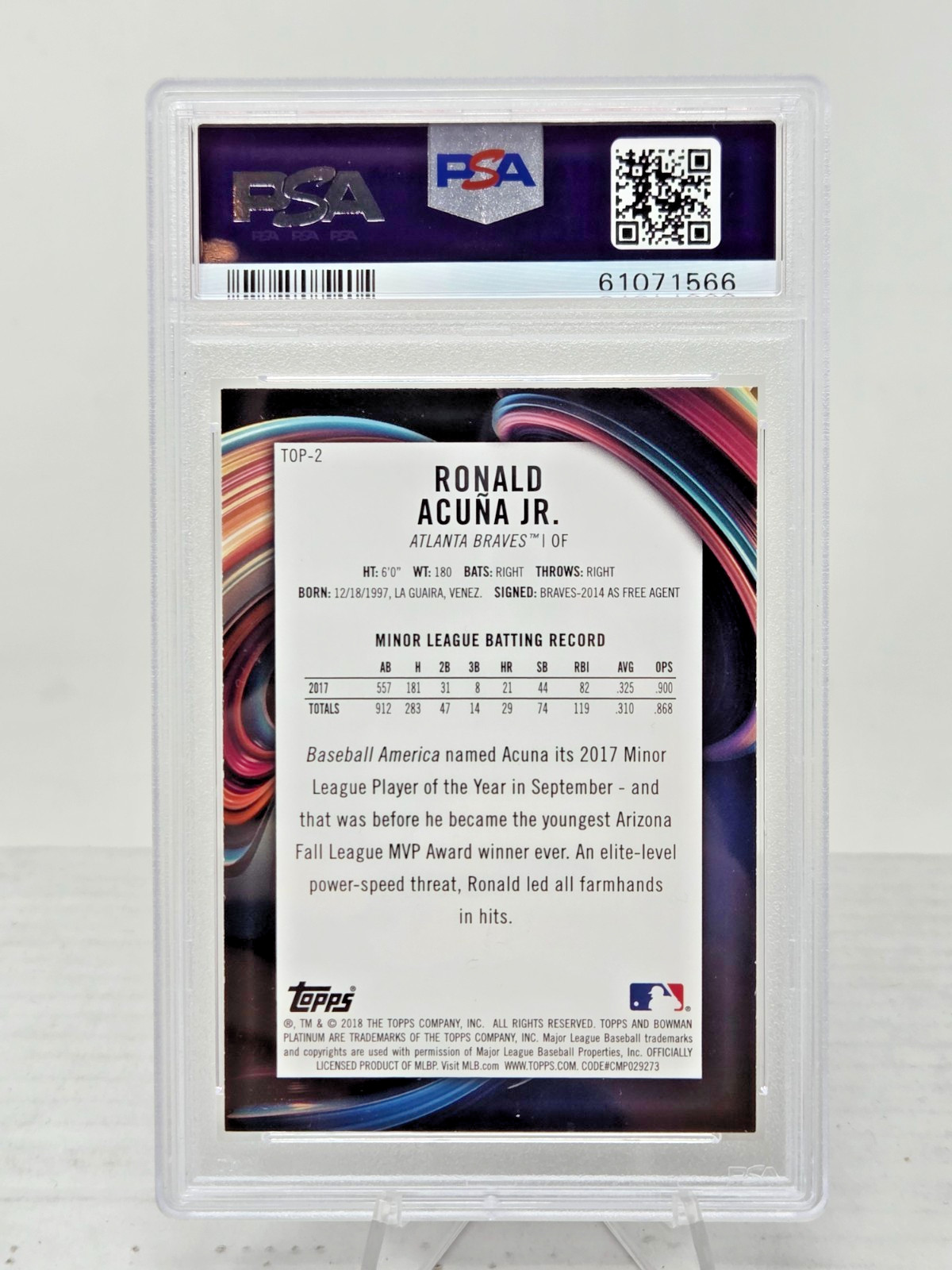 2018 Bowman Platinum RONALD ACUNA JR RC Rookie Baseball Card PSA 9 MINT view 2