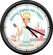 Personalized Sewing Makes Me Happy Craft Quilting Room Art Sign Wall Clock