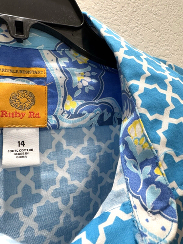 NEW Women's Ruby Rd. Button Blouse Top Shirt Size 14 Long Sleeve BLUE geometric - Picture 9 of 17