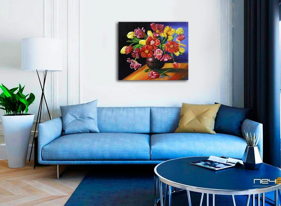 Ramo de tulipanes en jarrón, óleo sobre lienzo Original realismo pintura flores de primavera Foto 2 de 4