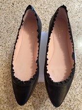 KATE SPADE NEW YORK Women Ballerina Black Leather Flat Shoes w/ruffle LOGO 9 M