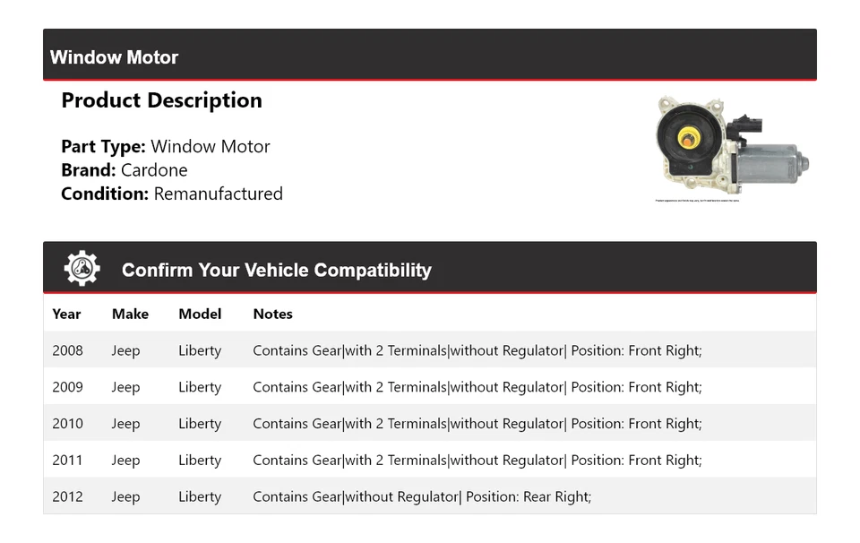 Jeep Liberty 2008-2012 ventana motor Cardone 2009 2010 2011 Foto 2 de 4