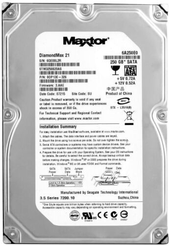 Hard Drive Maxtor Diamondmax 21 250GB 7200U/Min 8MB SATA II STM3250820AS 3.5'' - Picture 1 of 3