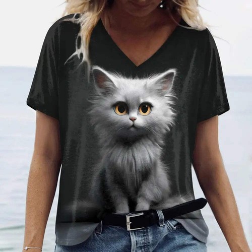 Women’s 3D Cat Print T-Shirt Casual Oversized Tee, Short Sleeve Crew Neck Street - Picture 118 of 124