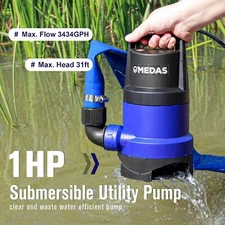 Sump Pump Submersible Clean/Dirty Water Pump Portable Utility Pump 1HP 3434 GPH
