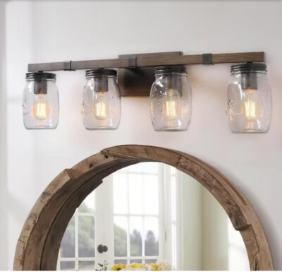 LNC 4-Light 29  Bronze Rustic Bathroom Vanity Light w/ Mason Jar Glass Shade