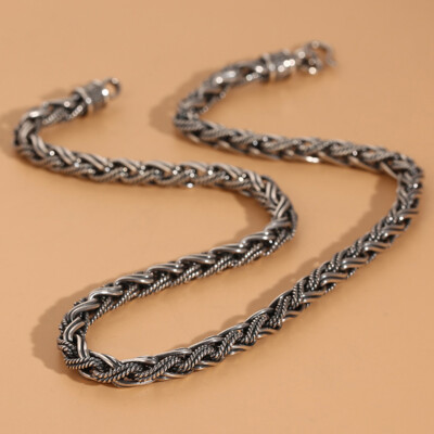 Solid S925 Sterling Silver Chain 7mm Braided Rope Link Necklace 97-98g 23.6inch