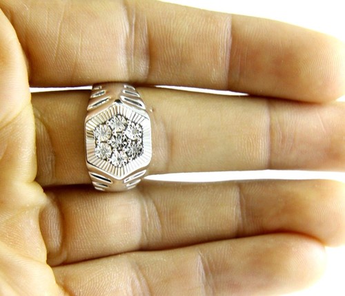Natural Round Diamond Cluster Hexagon Men's Ring Band 14k White Gold .07Ct - Picture 4 of 7